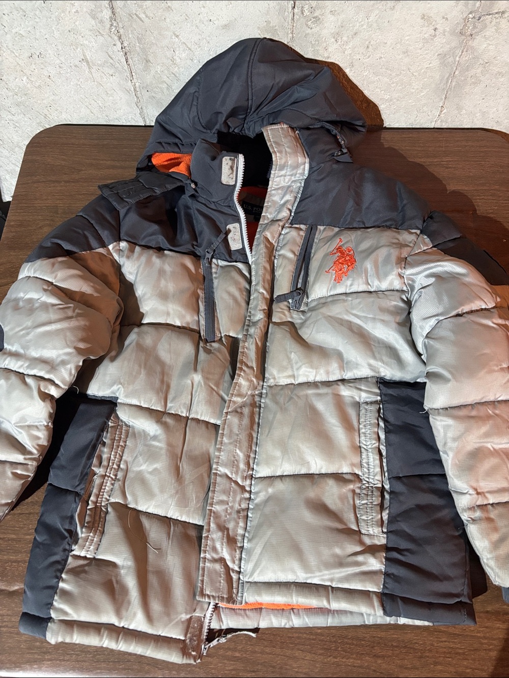 U.S. Polo Assn. Boys Silver and Black Puffer Jacket with Orange Logo